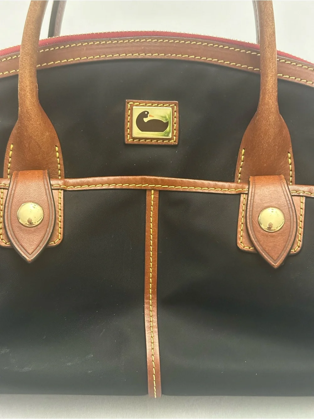 Dooney & Bourke Black Nylon Satchel with Brown Leather Trim